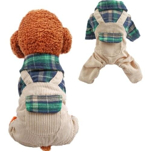 Green Plaid Pet Clothes 4 Legs Dog Coat British Casual Big Pocket Straps Dog Overalls Puppy Cat Shirt Jumpsuit For Gentle Jacket
