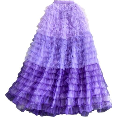 New Spring Autumn Women High Waist Slim Long Skirt Fashion Color-blocked Multi-layer Edible Tree Fungus Cake Hem Mesh Skirt