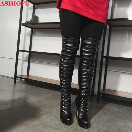 ASHIOFU Handmade Womens Thigh Boots Cross-straps Striper Club Sexy Platform Boots Dance Evening Fashion Over Knee Boots Shoes