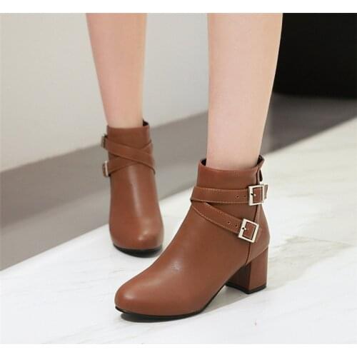 YQBTDL Black White Brown Buckle Cross Strap Block High Heel Boots Female Booties Biker Knight Ankle Boots for Women Shoes Autumn