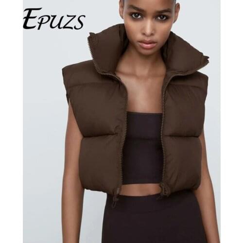 ZA 2021 Stand Collar Cotton Vests coat Women Waistcoat Elegant Zipper Coats Women Casual sleeveless Vests jacket streetwear