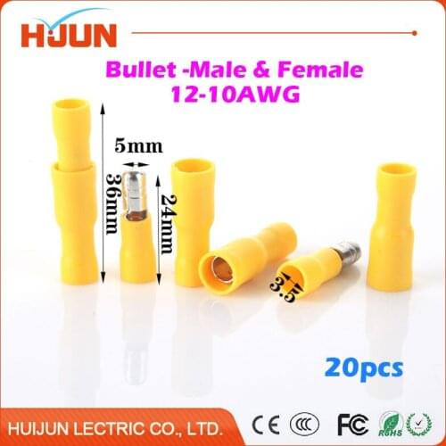 20pcs/lot Bullet-Male & Bullet-Female Quick Disconnect Cable Wire Splice Insulation Terminal Connector 4-6mm2 12-10AWG 24A