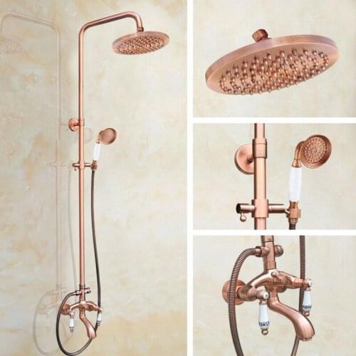 Antique Red Copper Brass Bathroom Shower Faucet Set Bathtub Shower Faucet Bath Shower Tap Rainfall Shower Head arg536