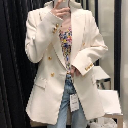 Ivory White Double Breasted Classic Blazer for Women Slim Solid Color Jacket Casual Summer/Autumn Lady Office Suit Blazers 2020
