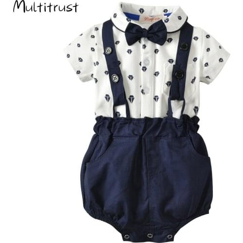 9M -4Years Toddler Kids Gentleman Clothes Set Baby Boy Short Sleeve Bodysuit Playsuit+Overall Pant Outfit Casual Clothes