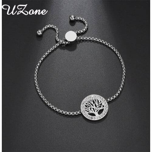 UZone Romantic AAA CZ Stone Bracelets Bangles Stainless Steel Tree of Life Adjustable Bracelet for Women Girl Gifts