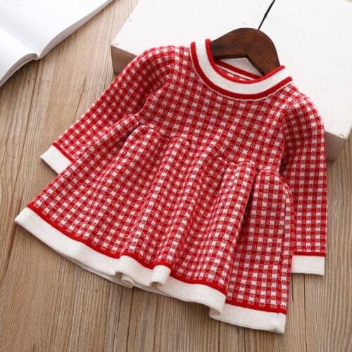 Childrens Clothes 2021 Autumn Winter New Long Sleeve Plaid Knit Baby Girl Sweater Dress For Girls 1st Birthday Princess Dresses