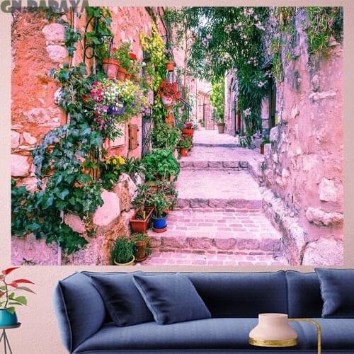Town street view tapestry Scenic Wall Hanging farmhouse decor flower goblen landscape boheme Polyester Yoga mat beach tapestry