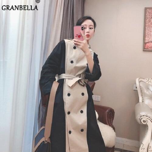 Hepburn Patchwork Windbreaker Autumn New Fashion Woman Classic Double Breasted Trench Coat Waterproof Raincoat Outerwear