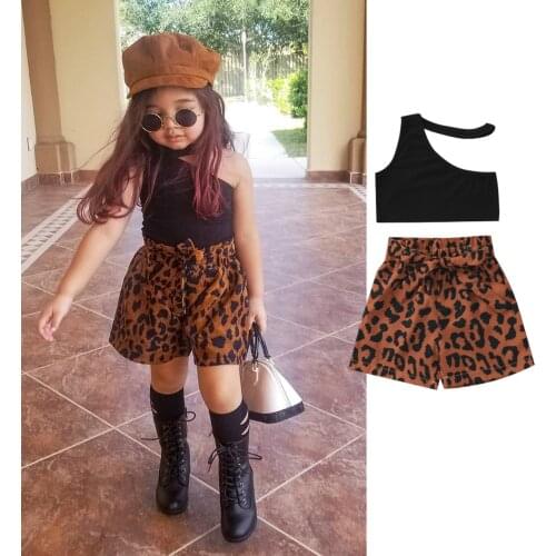 1-6Y Fashion Kids Girls Summer Clothes Sets 2pcs Solid Off Shoulder Sleeveless Strap Tops Leopard Shorts Outfit