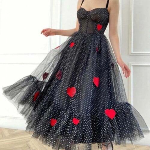 Summer Womens Dress Black Dot A-Line Spaghetti Strap Dress Elegant Low Bosom Tulle Red Heart Evening Dress Plus Size Party