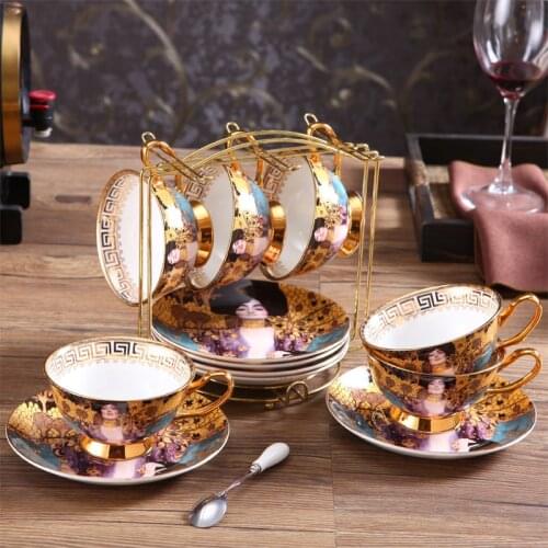 Coffee Cup And Saucer Set Bone China Klimt Vintage Art Painting Luxury Gifts Porcelain Drinkware Tea cups with Spoon