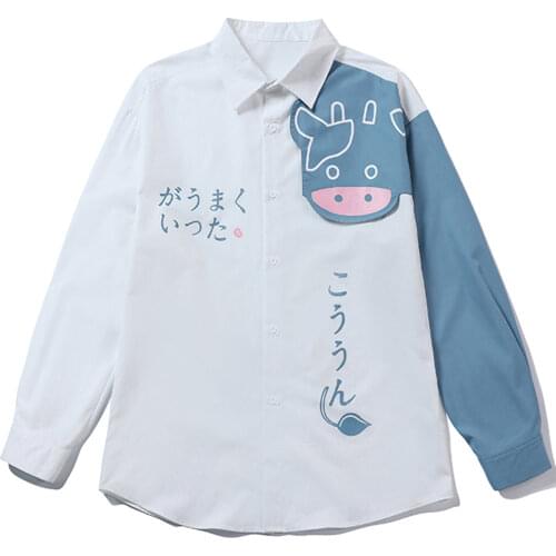 Autumn New Hong Kong Style Handsome Cartoon Pattern Long Sleeve Shirt Mens Loose Large Sports ShiStyle Design Sense Of Minority