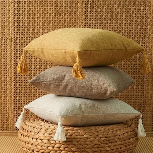Simple solid color cushion cover cotton linen home sofa cushions tassel cushion pillow case decorative pillowcase without core