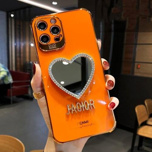 Luxury Brand Plating Love Heart Mirror Case For iPhone 12 Pro Max 11 7 8 Plus X XR Fashion Girl Diamond Crystal Soft Phone Cover