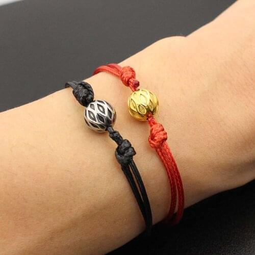 Handmade Black Red Rope Thread String Braided Bracelets 316 Stainless Steel Pattern Ball Charm Bracelet For Men Women Couples