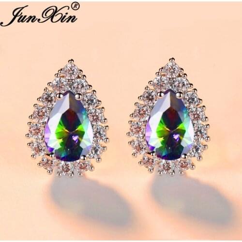 Pear Cut Mystic Rainbow Water Drop Crystal Wedding Stud Earrings For Women White Gold Lake Blue White Zircon Vintage Earrings Cz
