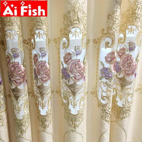 Blue Luxury Semi-Blackout Embroidery Curtains for Living Room Chenille Finished Product Flower Beige Tulle for Villa MY508#30