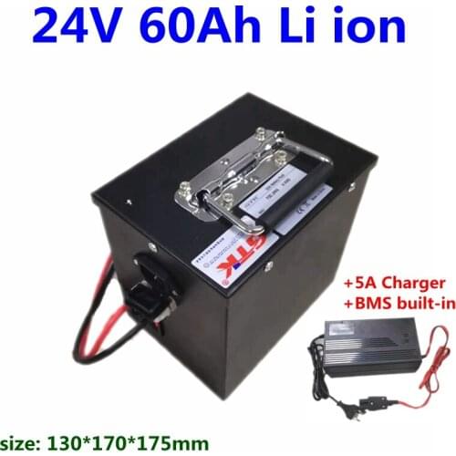 Steel case 24V 60Ah lithium Li-ion battery pack with BMS for wheelchair ebike electric motorcycle scooter + 10A charger