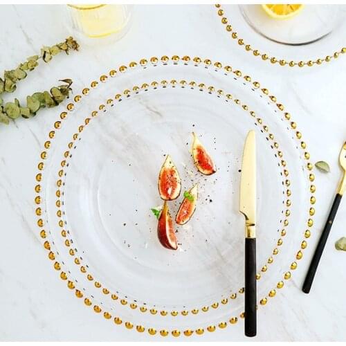 2021 New Nordic Style Golden Bead Glass Dinner Plate Decorative Salad Salad Fruit Wedding Dinner Plate