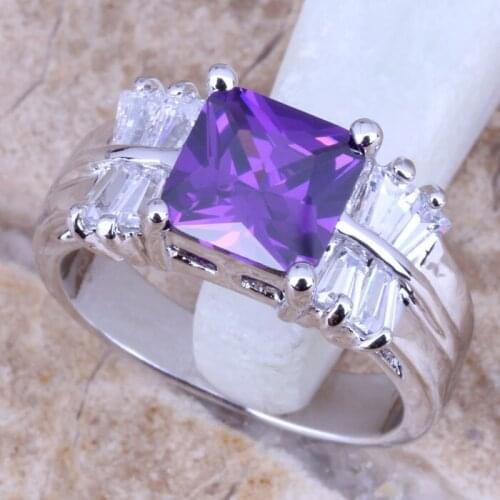 Tantalizing Purple Cubic Zirconia White CZ Silver Plated Womens Jewelry Ring Size 6 / 7 / 8 / 9 R0381