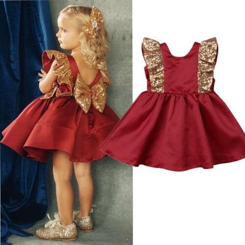 Formal Princess Sweet Infant Kids Baby Girls Dress Sequined Bowknot Ruffles Petal Sleeve Knee-Length A-Line Dress 6M-5Y