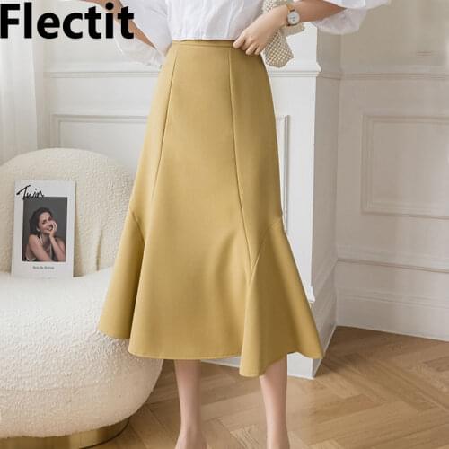 Flectit High Waist Midi Skirt With Ruffled Hem Yellow Black Cream White Womens Elegant Spring Summer Formal Office Wear
