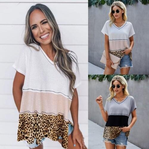 T Shirt Women 2021 New Arrival Summer Style Fashion Splicing Leopard v-neck Shirt Female Tshirt Dropshipping ONYZZ211S3157