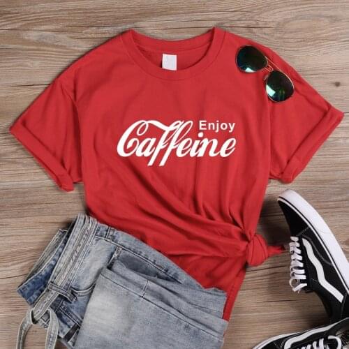 ONSEME Female Streetwear Casual Tees Enjoy Caffeine Letter Print T Shirt Women Funny Cola T Shirts Harajuku Basic Cotton tshirt