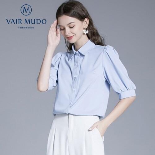 Womens Summer Shirt Thin Design Niche New 2021 Commuter Short-Sleeved Shirt Puff Sleeve All-Match Blouse Blue Clothes Y-93