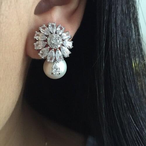 Exquisite sunflower stud earring with Imitation pearls brincos AAA cubic zironia jewel for women ear accessories party gift