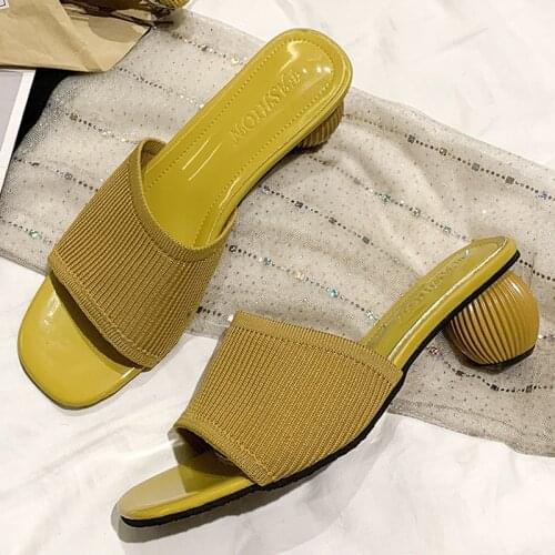 2021 Women Slides 5cm High Heels Knitting Mules Summer Female Slipper Pink Black Green Sandals Lady Block Low Heels Chunky Shoes
