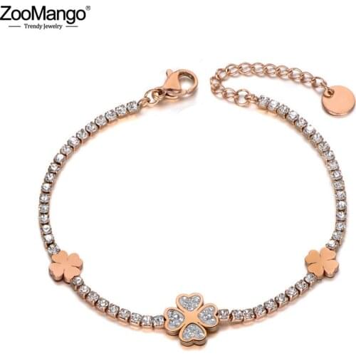 ZooMango Classic Clay Rhinestone Flower Charm Bracelet For Women Stainless Steel CZ Crystal Chain Bracelet For Christmas ZB19135