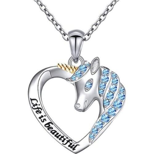 Unicorn heart zircon two-tone Pendant Necklaces For Women Blue Crystal Zircon Love Heart Necklace Female