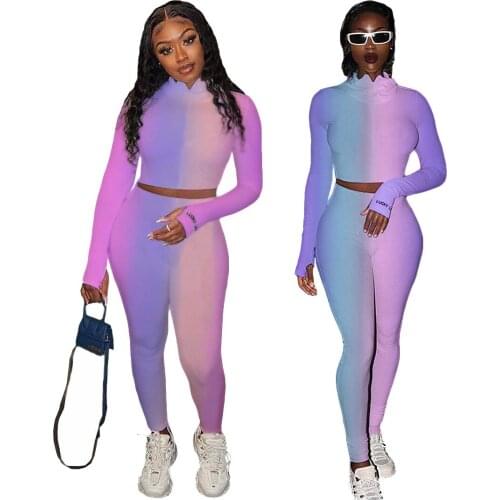 Echoine Womens Nightclub Cake Crown Collar Gradient Embroidered Lettered Casual Sports Two Piece Suit Sports Casual Tracksuits