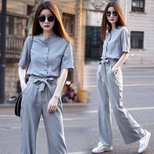 Women 2021 Summer Striped 2 Two Piece Set Female Short Sleeve Blouse Shirt and Wide Leg Pants Set Casual Ladies Pants Suit T56