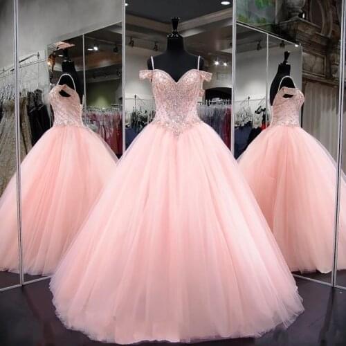 Vestido 15 anos Pink Ball Gown Crystal Beaded Sweetheart Spaghetti Straps Sweet 16 Puffy Pageant Prom Quinceanera Dresses