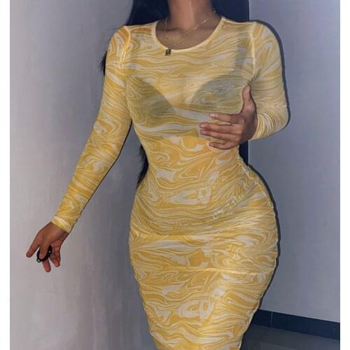 O Neck Sexy High Street Slim Dress Vestidos Fall Clothes Fashion Paisley Printing Mesh Transparent Women Full-Sleeved Midi Dress
