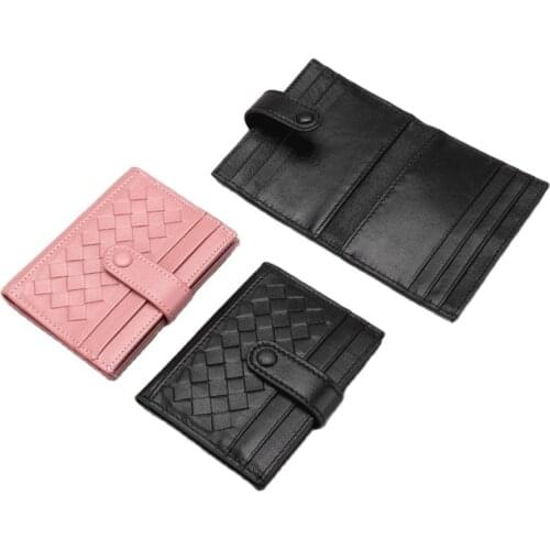 100% Genuine Sheep Leather Handmade Knitting Card Holders Fashion Snap Button Closure Lambskin Bil-Fold Credit ID Card Holder