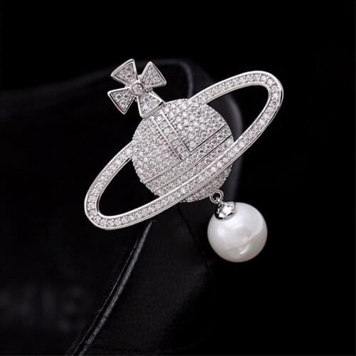 New AAA Zircon Copper Micro-set Shell Pearl Globe Brooch Ladies Planet Brooches Pin Mens West Accessories