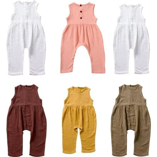 2020 Toddler Baby Girls Boys Summer Jumpsuits Soild Cotton Linen Romper Sleeveless Sunsuits 1-6Y For Kids