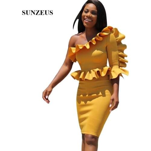 Short Prom Gowns One Shoulder Sheath Fitted Party Dress With Ruffles African Women Formal Vestido De Gala