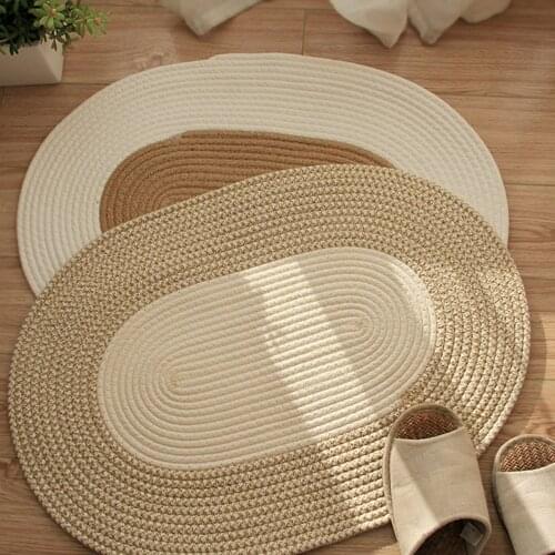 Hand-woven Doormat Cotton and Linen Color Block Anti-Slip Oval Shape Entrance Area Carpet