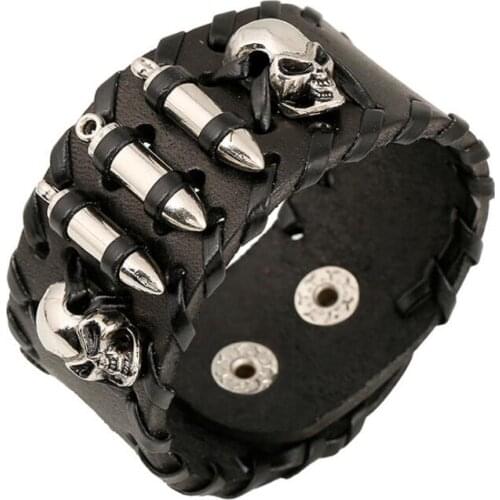 Punk Gothic Men Black Wide Leather Bracelet Skull Bullets Charm Weave Rope Bangle Wrap Wristbands Vintage Fashion Hiphop Jewelry