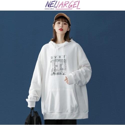 NELLARGEL Women Harajuku Hooded Vintage Hoodies 2021 Female White Causal Japanese Streetwear Sweatshirts Girl Hip Hop Sweatshirt