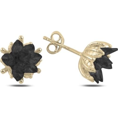 Silver 925 Sterling Lotus Flower Black Zircon Stone Studded Earrings