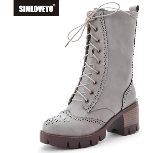 SIMLOVEYO 2021 Lady Retro Mid Calf Boots Platforms Lace Up Cross Tied British 4CM Chunky Heel US12 Grey Beige Yellow Black A4519