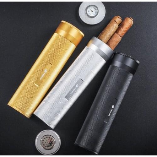 COHIBA Cigar Tube Humidor Gadgets Travel Aluminium Alloy Cigar Accessories Portable Jar Metal W/ Humidifier Hygrometer