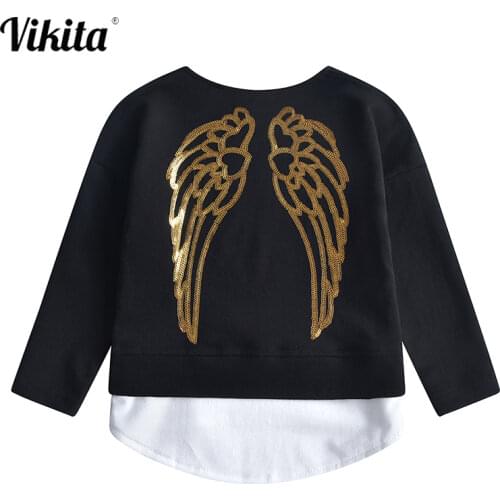 VIKITA Girls Long Sleeve T Shirt Children Golden Shiny Sequins Tops Girls Autumn Spring Casual Wear Cotton Tops and Tees