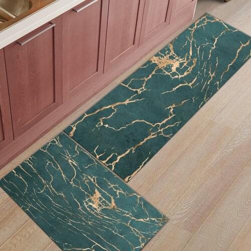 Green Marble Lines Golden Crack Texture Long Kitchen Mat Home Entrance Doormat Anti-slip Bathroom Rug Home Floor Decoration
